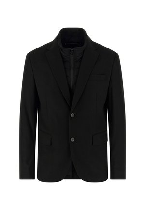 Czarny żakiet z zapinanym na zamek ocieplanym wnętrzem, posiada dwa przednie kieszenie i zapięcie na guziki, wykonany z gładkiego materiału o dopasowanym kroju.