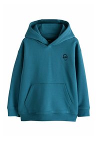 Una sudadera con capucha verde azulado hecha de tela suave, que cuenta con un bolsillo delantero, capucha con cordón y un pequeño gráfico negro de calavera en el pecho.