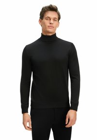 Schwarzer Rollkragenpullover aus einem glatten, dehnbaren Stoff. Körpernahe Passform mit langen Ärmeln und Rippbündchen sowie Rippabschluss. Ohne Muster oder Akzente.