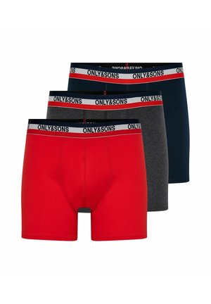 Trzy męskie bokserki w kolorze czerwonym, ciemnoszarym i granatowym z paskami w talii z logo "ONLY&SONS."