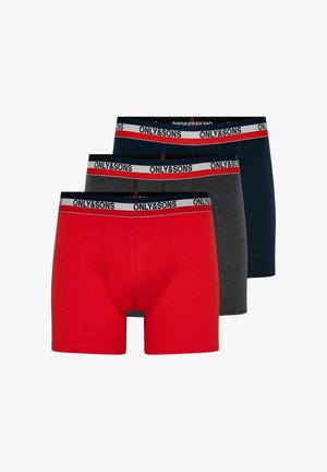 Trzy męskie bokserki w kolorze czerwonym, ciemnoszarym i granatowym z paskami w talii z logo "ONLY&SONS."