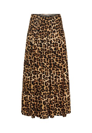 Lang nederdel med leopardprint i nuancer af brunt og sort, med et flæset, lagdelt design og elastisk taljebånd.