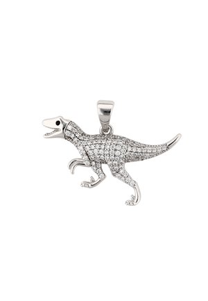 Ezüst dinoszaurusz alakú medál, apró, áttetsző kövekkel kirakva, fekete szem részlettel, és nyaklánchoz rögzített hurkokkal.