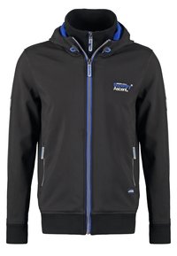 Svart zip-jacka med huva, blå detaljer och ribbade manschetter. Har fickor med dragkedjor och en logga på bröstet. Slät tygtextur.