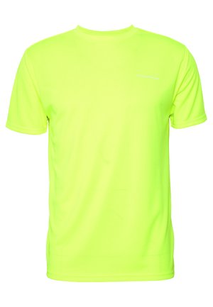 Neon żółta koszulka sportowa z lekkiego, oddychającego materiału. Posiada okrągły dekolt i krótkie rękawy w bezszwowej konstrukcji.