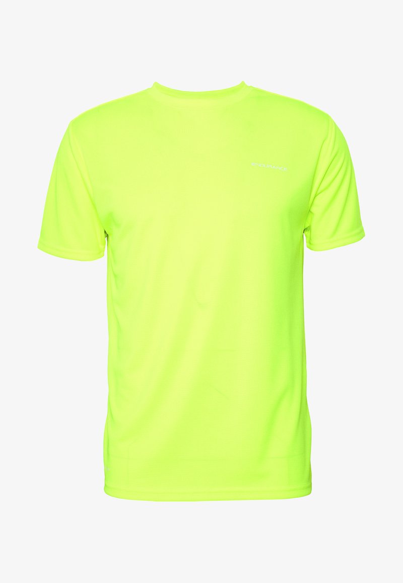 Camiseta deportiva de color amarillo neón, fabricada con material ligero y transpirable. Presenta un cuello redondo y mangas cortas con un diseño sin costuras.