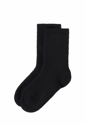 Sorte sokker lavet af blødt stof, med en klassisk crew-længde og en glat overflade uden synlige mønstre eller udsmykninger.