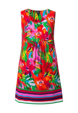 Farbiger ärmelloser Dress mit einem Blumenmuster in Rot, Pink, Orange und Grün, mit geradem Design und einem horizontal gestreiften Saum.