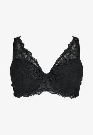 Soutien-gorge noir avec broderie florale, panneaux en dentelle transparente et bordure en dentelle festonnée. Les bretelles réglables améliorent l'ajustement et le soutien.