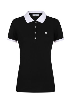 Fekete női galléros póló fehér gallérral és ujjvégekkel, négy gombbal és kis fehér elefánt logóval a mellkason.