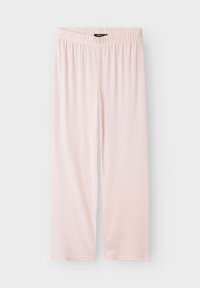 Lyserøde, ribbede pyjamasbukser med elastisk talje, der har en løs pasform og lige ben-design. Ingen bemærkelsesværdige detaljer.