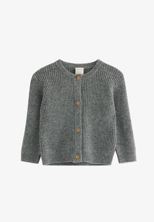 Cardigan grigio a coste realizzato in tessuto a maglia, con scollatura tonda e bottoni in legno sulla parte anteriore. Maniche lunghe con orlo dritto.