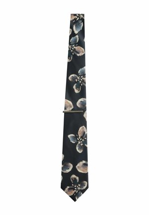 Black tie with a floral pattern featuring light brown and blue flowers. Smooth texture, narrow shape, and silver clip for fastening.