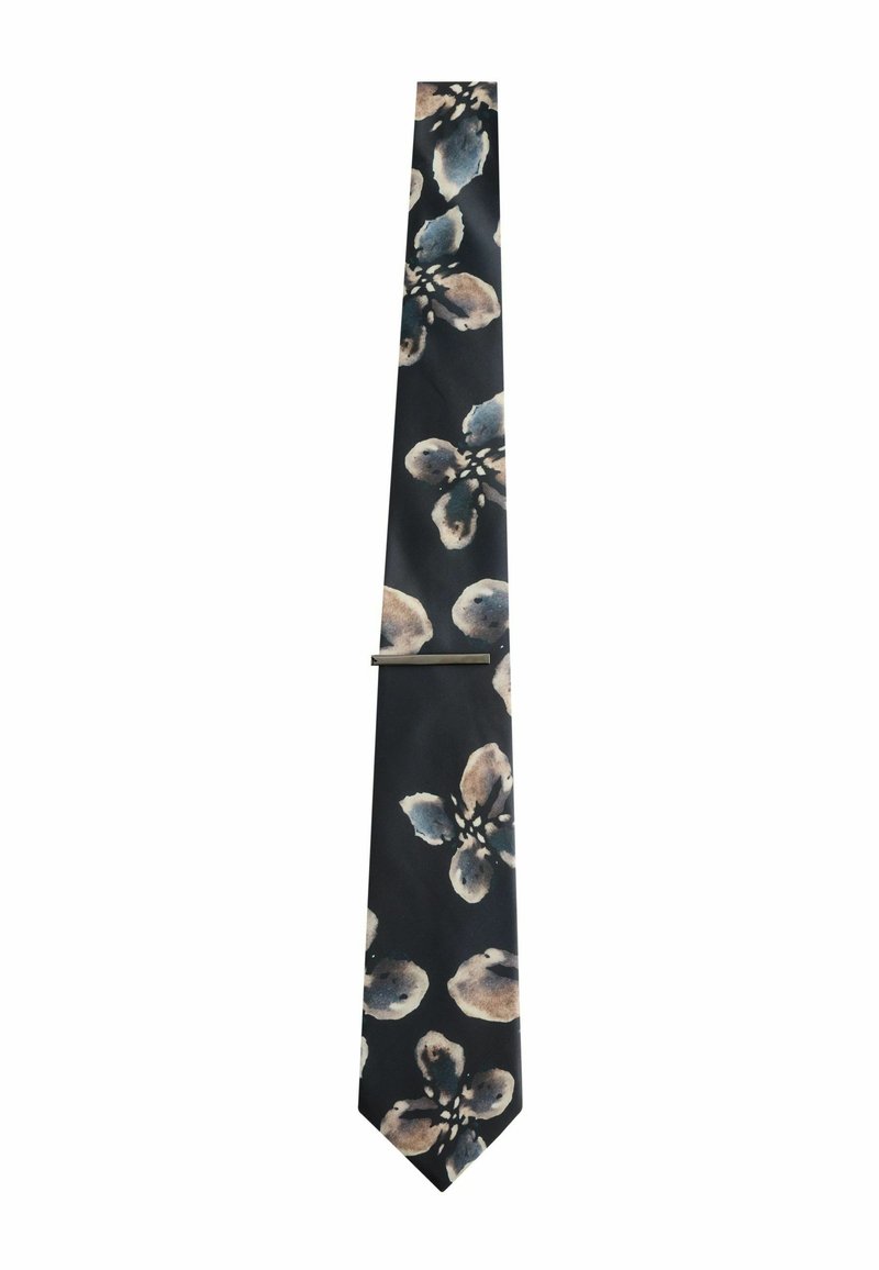 Schleife mit floralem Muster in Hellbraun und Blau. Glatte Textur, schmale Form und silberner Clip zum Befestigen.