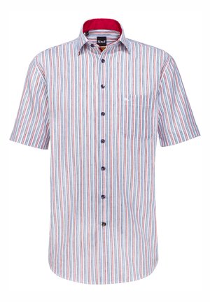 Camicia a maniche corte bianca con strisce verticali blu e rosse. Presenta un colletto button-down e una tasca sul petto lato sinistro.