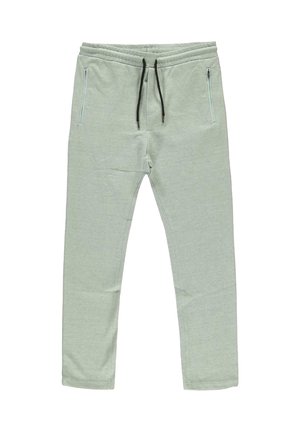 Lichtgroene sweatpants van een zacht materiaal, met een trekkoord in de taille en zijzakken met rits. Rechtingspantalonontwerp met minimale textuur.