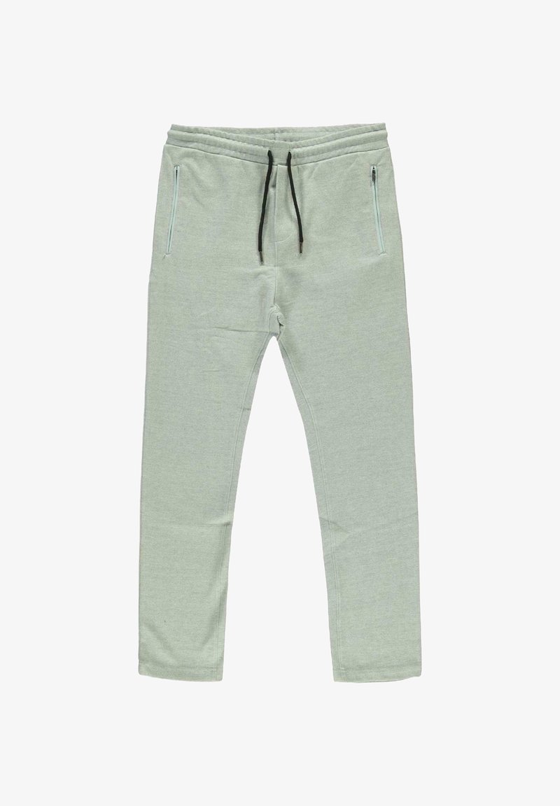 Lichtgroene sweatpants van een zacht materiaal, met een trekkoord in de taille en zijzakken met rits. Rechtingspantalonontwerp met minimale textuur.