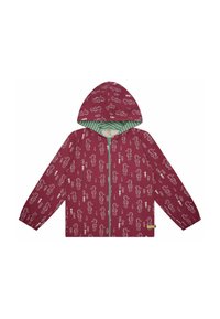 Rote wasserdichte Jacke mit weißen Seesternmustern, grün gestreiftem Innenfutter der Kapuze, Frontreißverschluss und langen Ärmeln. Glatte Textur, leichtes Design.