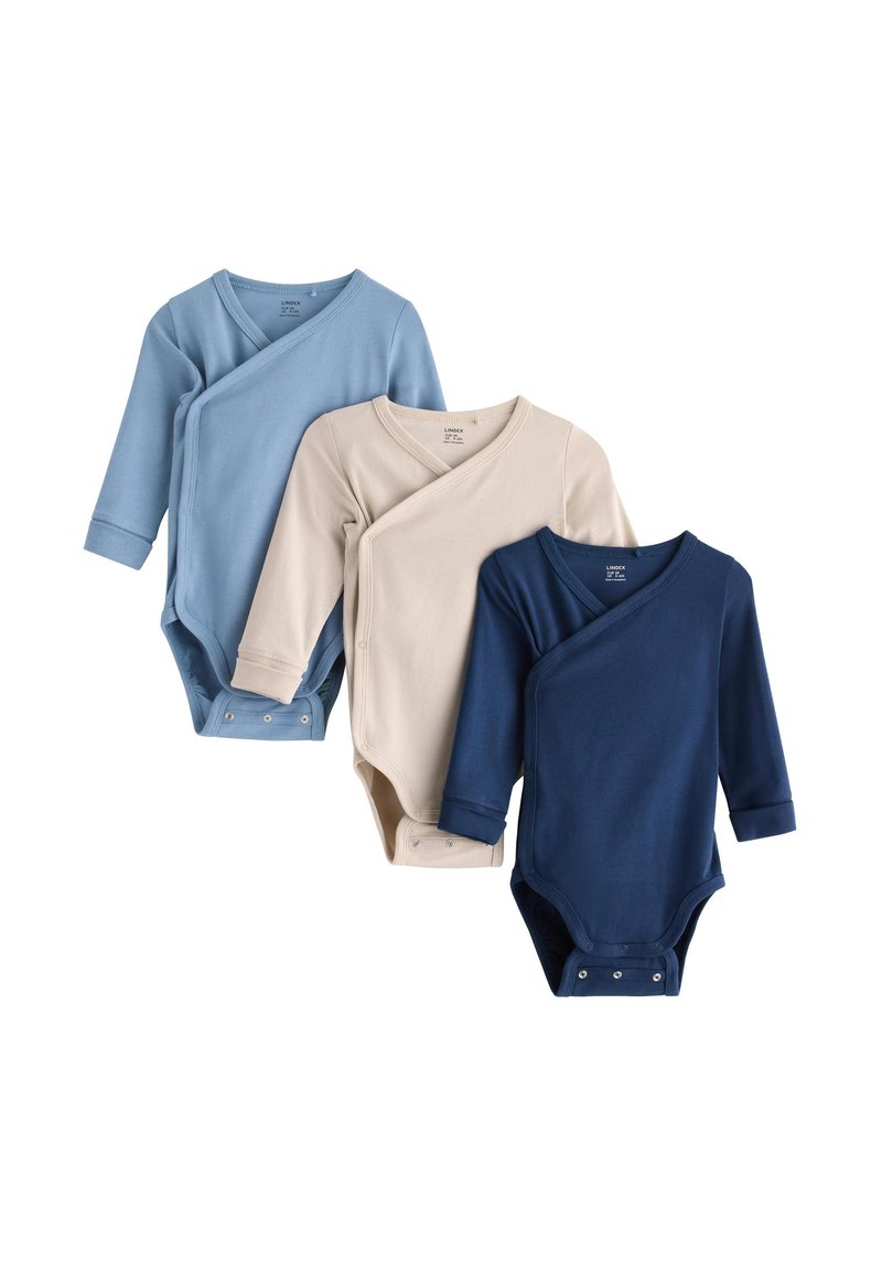 Three long-sleeve baby bodysuits in light blue, beige, and navy, featuring snap closures and a wrap design for easy dressing.