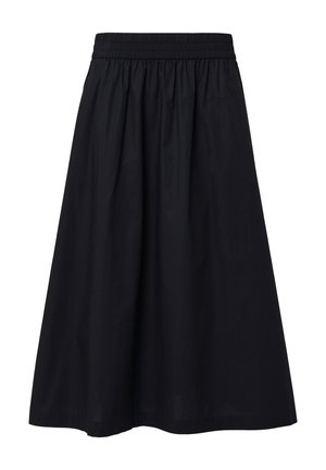 Black, knee-length skirt made from lightweight fabric. Features an elastic waistband and a simple, smooth texture. No visible patterns or embellishments.