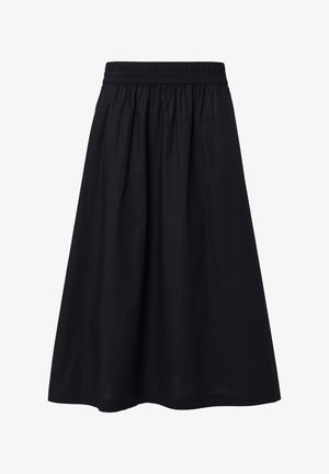 Gonna nera di lunghezza al ginocchio realizzata in tessuto leggero. Dotata di una vita elasticizzata e di una texture semplice e liscia. Nessun motivo o embellimento visibile.