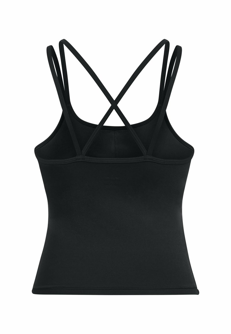 Schwarzes, tailliertes Tanktop mit glatter Textur, das an der Rückseite über Kreuzträger und einen runden Ausschnitt verfügt.