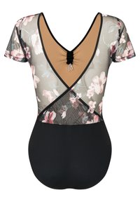 Schwarzer Netz-Body mit Blumenmuster und V-Ausschnitt. Verfügt über kurze Ärmel, einen gerafften Mittelbereich und einen unteren Bereich aus einfarbigem Schwarz.