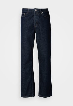 Jean en denim bleu foncé avec une coupe droite, dotés d'un design à cinq poches, d'une braguette à boutons et de détails de couture orange.