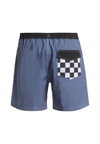 Blaue Schwimmshorts mit einem elastischen Bund und einer Hintertasche, die ein schwarz-weiß kariertes Muster aufweist. Glatte Oberfläche, lässiges Design.