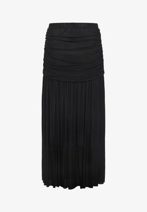 Czarna plisowana spódnica z marszczonym elastycznym pasem; długość do połowy łydki, gładka tekstura i zwiewny krój. Odpowiednia na różne okazje.