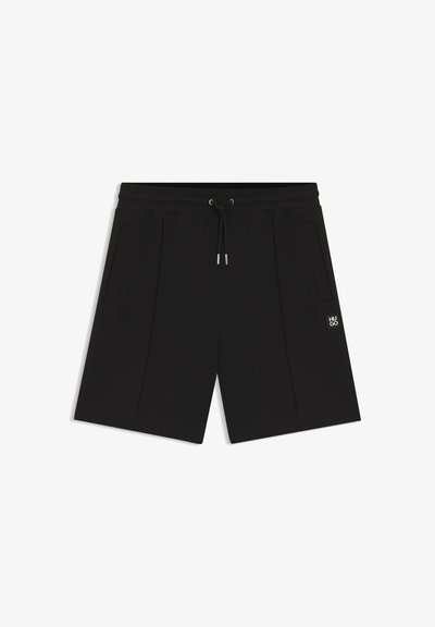 Shorts noirs mi-cuisses avec poches latérales, taille à cordon et petit logo blanc "HUGO" sur la jambe droite.