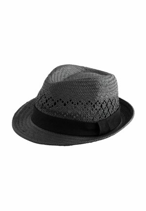 Black straw fedora hat featuring a perforated design on the crown and a wide black fabric band around the base.