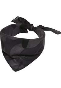 Black camo-patterned scarf, made of soft fabric. Features a triangular shape with pointed ends and ties for adjustable fastening.