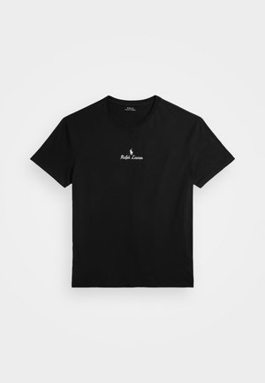 T-shirt en coton noir à manches courtes, avec un logo et du texte blancs sur la poitrine. Encolure ronde simple, coupe classique.