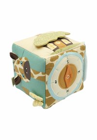 Puha szövet kockajáték zsiráf mintával, világoskék és bézs színekben, egyik oldalán iránytű részlettel, tetején texturált levelekkel.