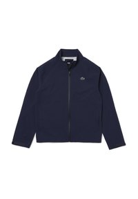 Marine blauwe zip-up jas van lichtgewicht stof, met een staande kraag, zijzakken en een klein groen logo op de borst.