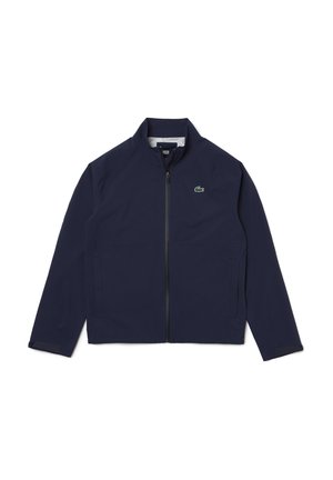 Marine blauwe zip-up jas van lichtgewicht stof, met een staande kraag, zijzakken en een klein groen logo op de borst.