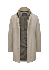 Beige Wollmischungsmantel mit strukturiertem Design, zwei frontalen Taschen, einem grünen Futter und drei Knöpfen vorne zur Schließung.