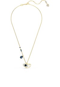 Colar dourado com um pingente em forma de olho, apresentando uma pedra central azul escura, acompanhado por pequenas gemas azuis e uma pedra em forma de gota.