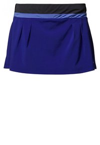 Skort atlético morado con una cinturilla negra y azul, que presenta pliegues y una textura de tela suave. Ideal para deportes y uso casual.