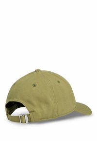 Olive green cotton baseball cap with a curved brim, adjustable strap, and ventilation eyelets on the sides. Smooth texture.
