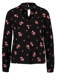 Black button-up blouse with long sleeves, featuring a floral pattern in pink. Includes a keyhole neckline and smooth fabric texture.