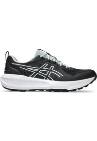 Black running shoe with a textured upper, white midsole, and contrasting black and white accents. Features a lace-up closure and flexible sole.