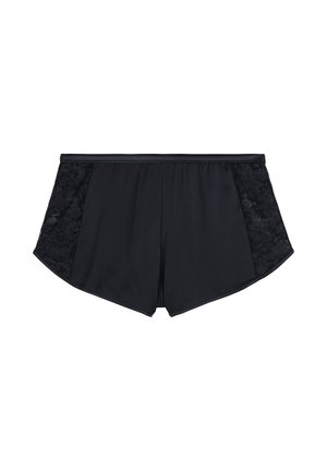 Shorts noirs en tissu lisse avec des panneaux en dentelle sur les côtés. Le design comprend une large taille élastique et une coupe évasée.