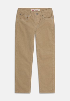 Pantalon en velours côtelé beige à jambes droites, avec bouton et fermeture éclair à l'avant, cinq poches et passants pour ceinture, étiqueté Levi's Authentic Straight.