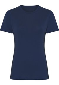 Navy blue short-sleeve T-shirt with a round neckline. Smooth texture, fitted design, and subtle stitching details. Suitable for casual wear.