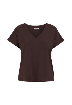 Hnedé tričko s krátkym rukávom a výstrihom do V, vyrobené z mäkkej bavlneno-zmesovej látky. Má voľný strih a hladkú textúru po celom povrchu.