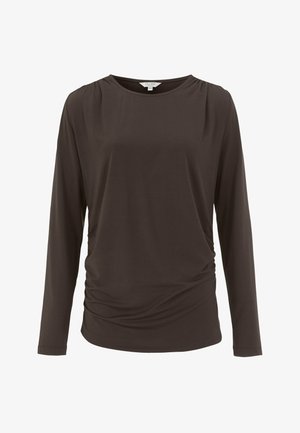 Brun långärmad topp i mjukt tyg, med rund nacke och veckade detaljer vid sidorna för en avslappnad passform.