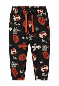 Zwarte sweatpants met een Halloween-patroon van pompoenen, spoken, spinnen en webben in rood, wit en oranje, met een elastische tailleband en zakken.