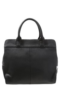 Czarna skórzana torba na ramię z dwoma górnymi uchwytami, gładka tekstura, prostokątny kształt i szare akcenty po bokach.